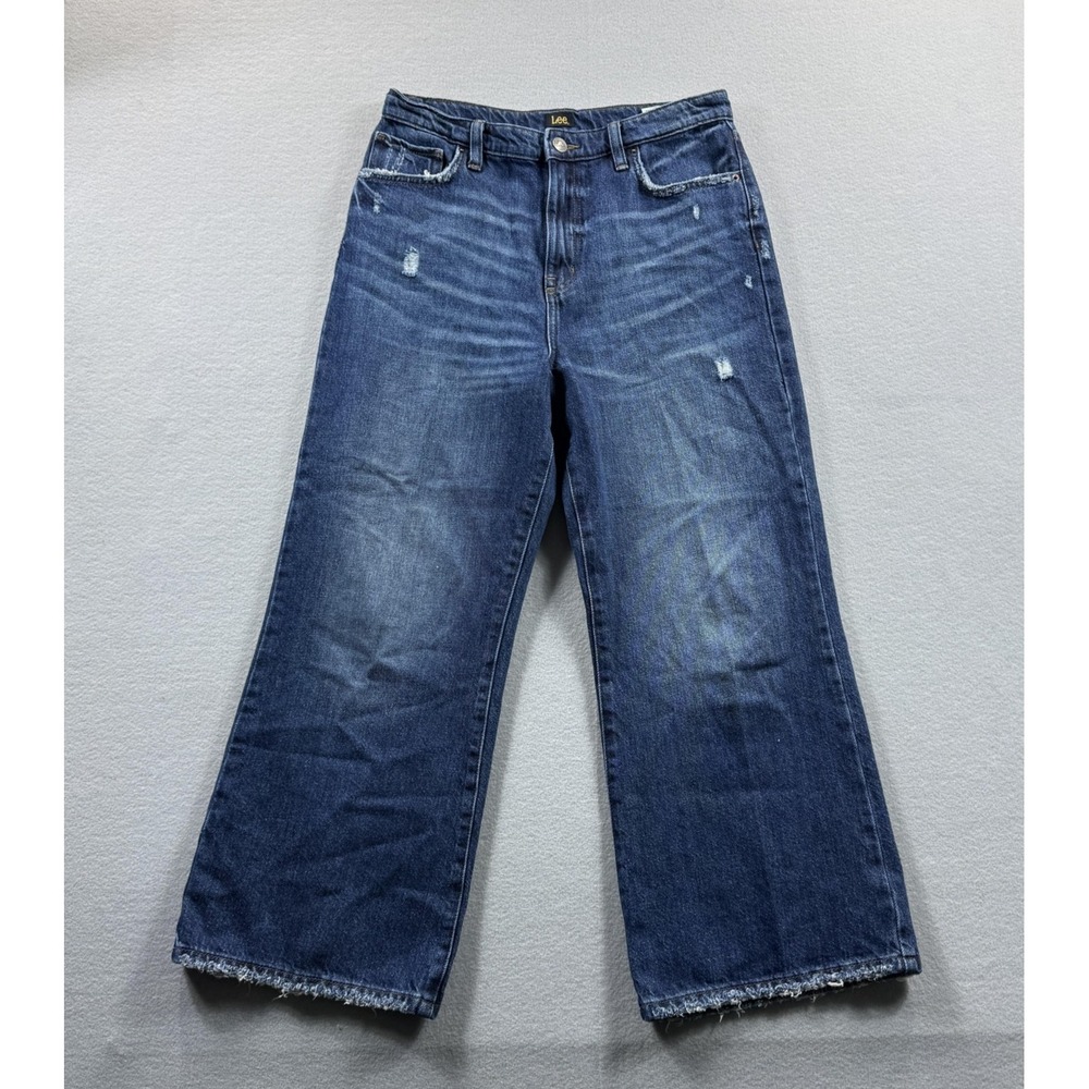 Lee Wide Leg Jeans Womens 30‎ Blue Medium Wash Relaxed Distressed Crop 30x24
